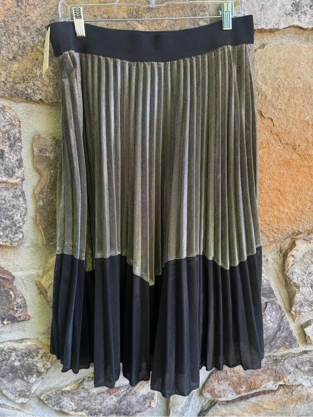 Studio West Metallic Olive-Gold and Black Pleated Midi Skirt Large Festival - Picture 9 of 12